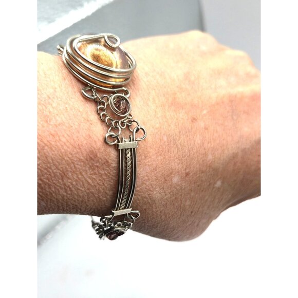 Vintage Silver Tone Bracelet w/ Large Amber Glass Cabochon Purple Glass Accents - Picture 4 of 6